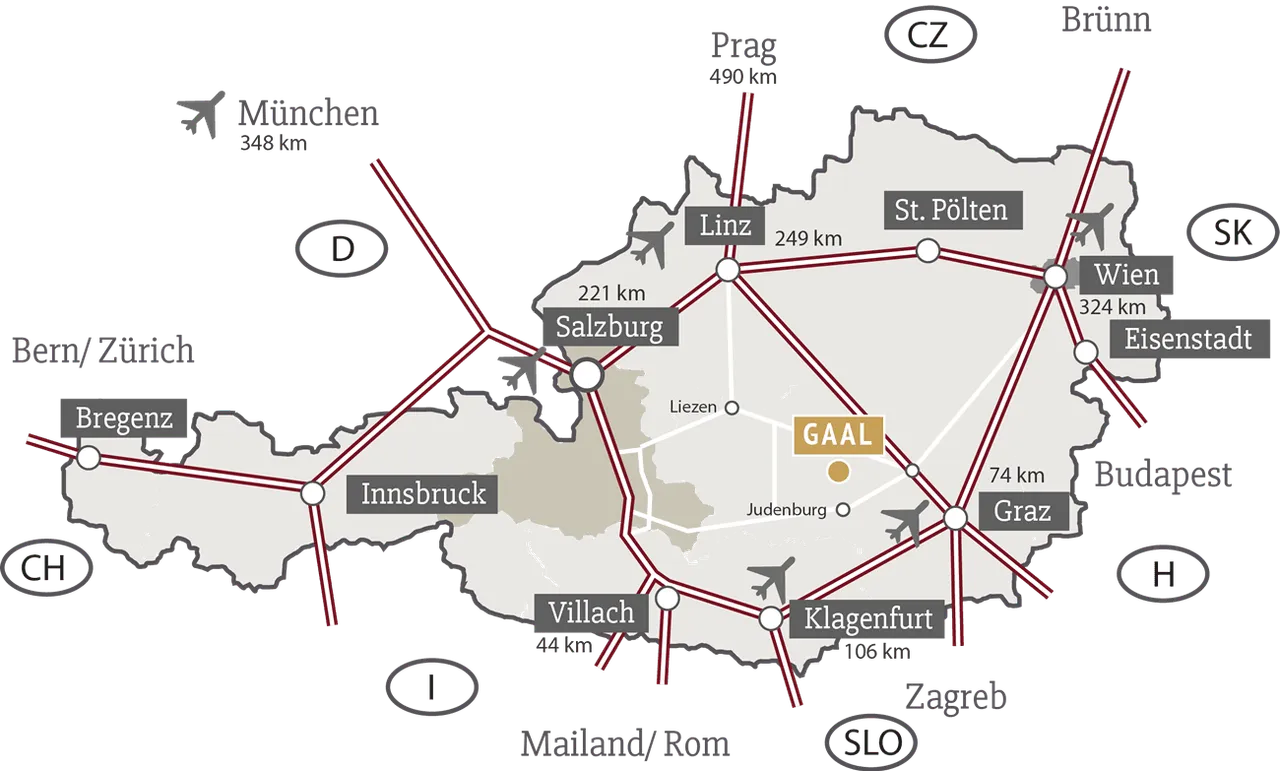 Anreise nach Gaal: Entfernungen aus Österreich und den Nachbarländern